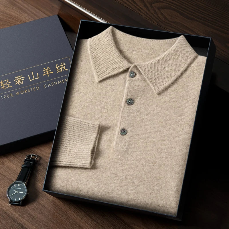 MVLYFLRT 2023 Men's New Polo Shirt Long Sleeve 100% Cashmere Knitted Pullover Solid Color Sweater Casual Business Office PL-2312