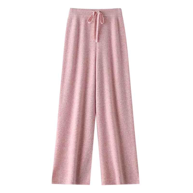 Chic Wide-Leg Pants Women's Autumn Winter Solid Color 100% Merino Wool Knitted Casual Loose Soft Thick Warm Popular Trousers
