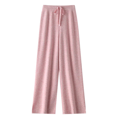 Chic Wide-Leg Pants Women's Autumn Winter Solid Color 100% Merino Wool Knitted Casual Loose Soft Thick Warm Popular Trousers