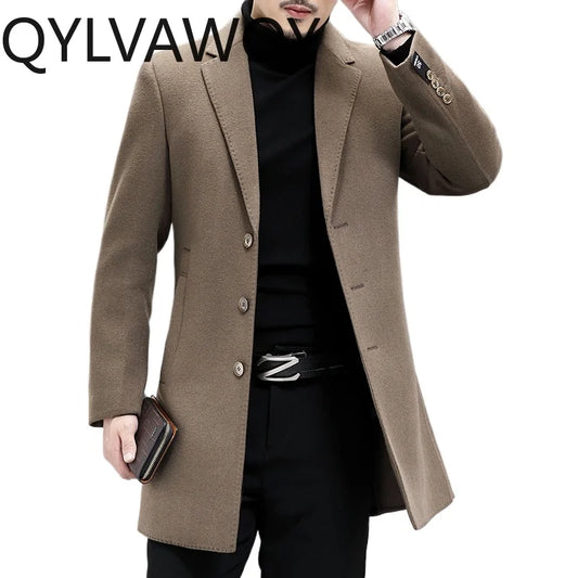 QYLVAWOY 67% Wool Men's Autumn Winter New Slim-Fit Mid-Length Double-Sided Woolen Coat Wool Trench Coat Outerwear LJ2146