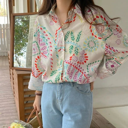 Chic Women's Shirt Vintage Gentle Loose Design Sensation Elegance Korean Style Long Sleeve  Collar Print Casual Fashion