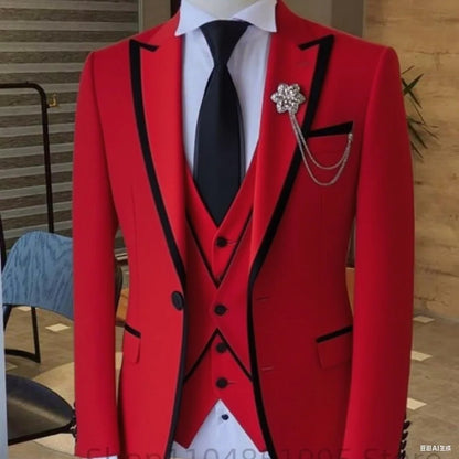 Men's Solid Slim Fit 3-Piece Business Suit Set with Blazer Vest And Pants for Wedding Party Luxury Fashion Tuxedo