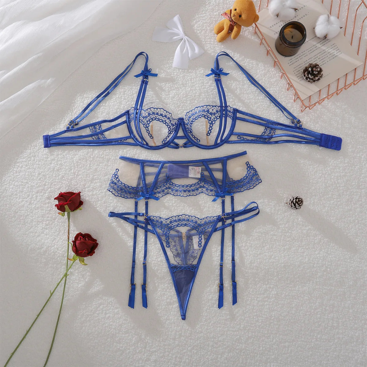 Ellolace Seductive Lingeries Sexy Hot Fantasy Bowknot Diamond Girl 3PCS Set Honey Premium Woman Underwear