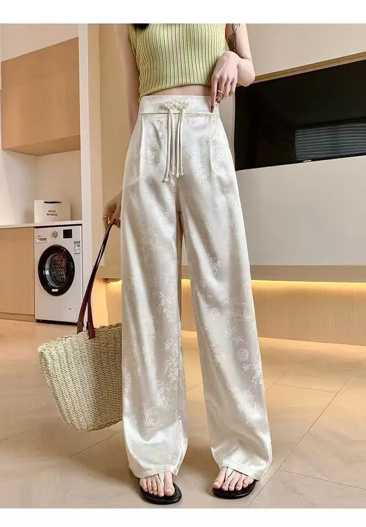 High Waist Loose Straight Pants with Button Knot Pocket New Chinese Style Satin Wide Leg Pants Spring Summer Trousers Pink Black