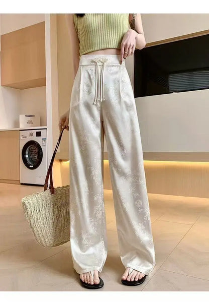 High Waist Loose Straight Pants with Button Knot Pocket New Chinese Style Satin Wide Leg Pants Spring Summer Trousers Pink Black