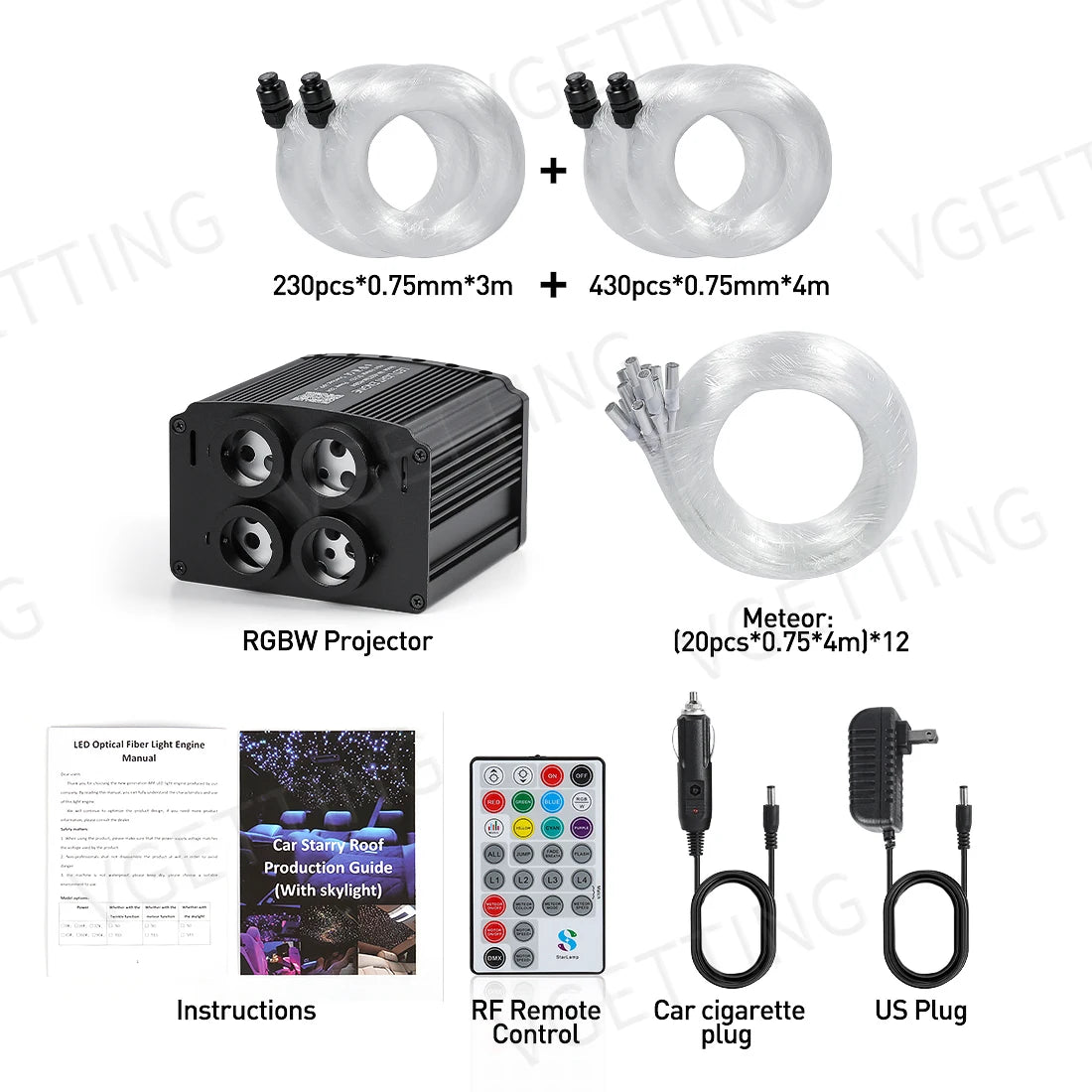 4 Port Twinkle RGBW Meteor Ceiling Car Roof Shooting Star Light LED Fiber Optic Light Starry Sky Lamp APP Music Remote Control