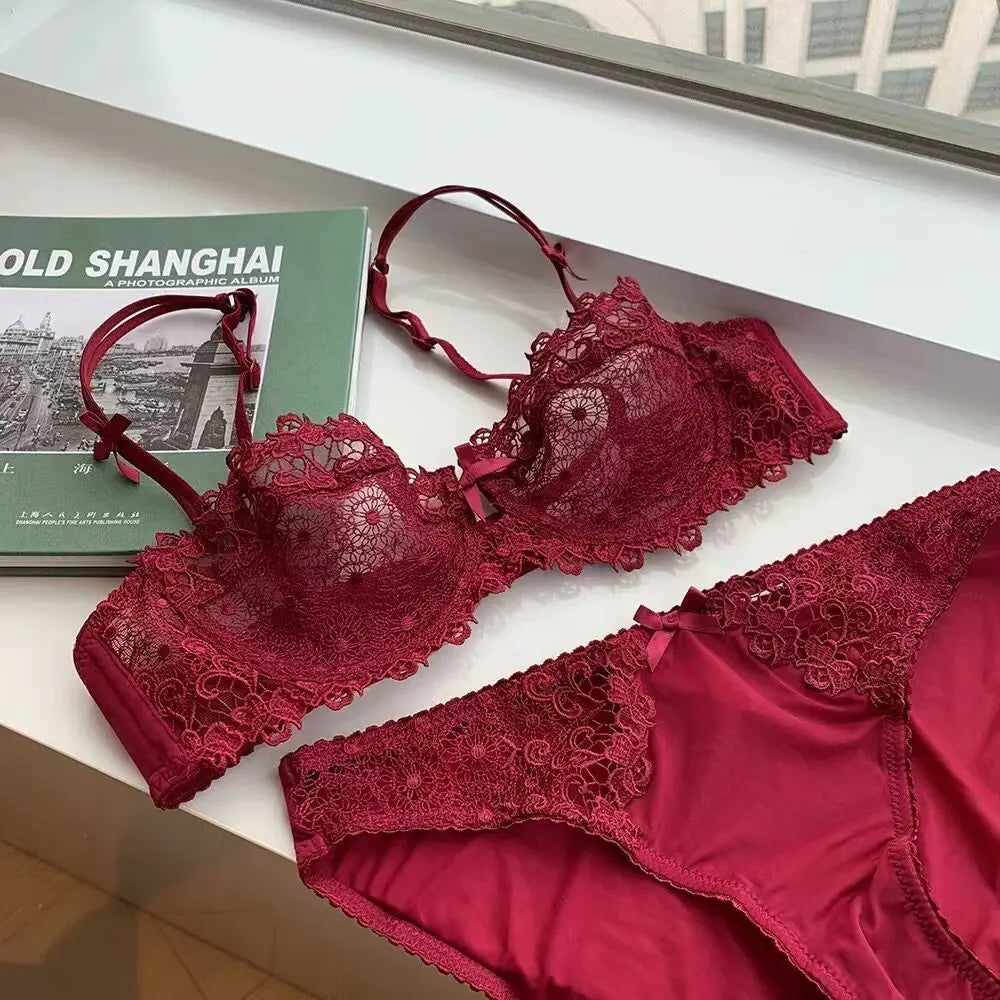 Sexy Lace Bra Set for Women Plus Size Half Cup Sheer Ultra Thin Nipple Concealed Erotic Lingerie Push Up Comfort Underwear Set
