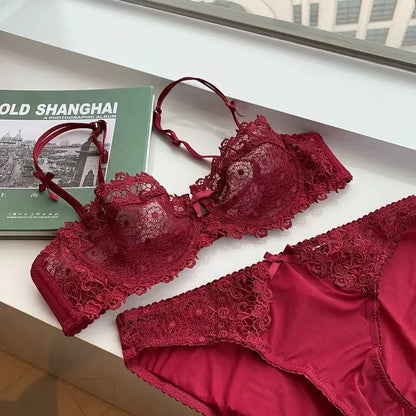 Sexy Lace Bra Set for Women Plus Size Half Cup Sheer Ultra Thin Nipple Concealed Erotic Lingerie Push Up Comfort Underwear Set