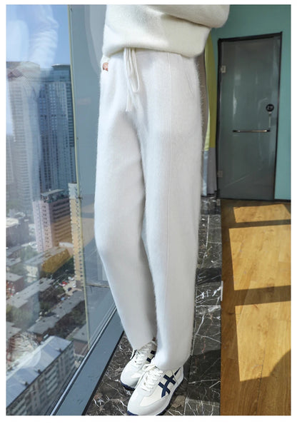 100% mink wool knitted high-waisted pencil pants women's casual autumn and winter new warm solid color thick cashmere pants