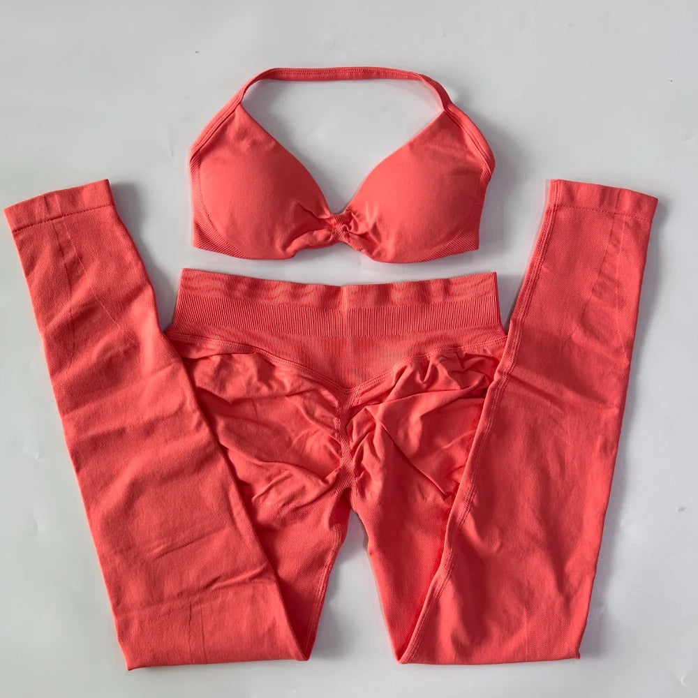 Women's 2 Piece Yoga Set High Quality Seamless Leggings And Strappy Bra Workout Gym Fitness Sportswear Resistance Training