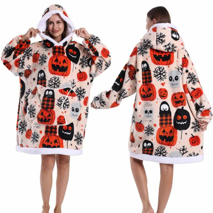 Women Hoodies Fluffy Warm Black Grey Long Sleeve Top Halloween Pumpkin Skull Ghost Hoodie Blanket Oversized Adult Winter Clothes