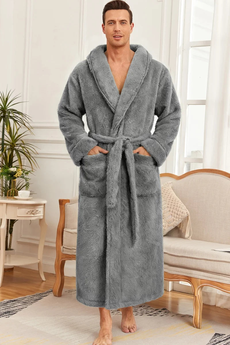 Men's Ultra Soft Coral Fleece Bathrobe Long Plush Shawl Collar Robe with Belt Pockets Thick Warm Winter Loungewear Home Nightgow