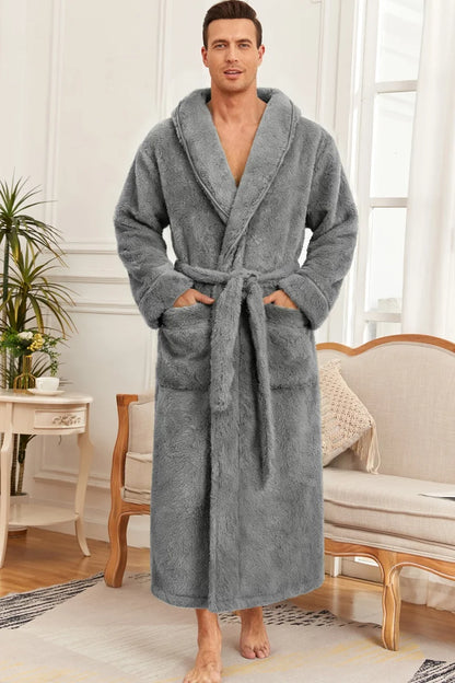 Men's Ultra Soft Coral Fleece Bathrobe Long Plush Shawl Collar Robe with Belt Pockets Thick Warm Winter Loungewear Home Nightgow