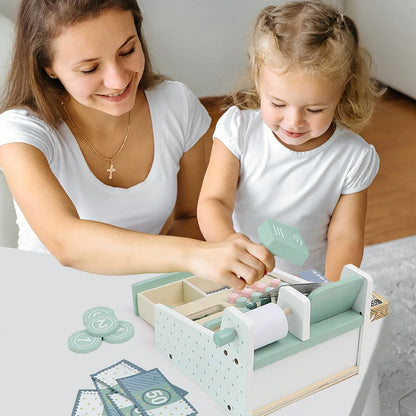 Wooden Simulated Cash Register Pretend Play Toy with Toy Coins and Bills Children Shopping Play House Game for Kids 3 Years Gift