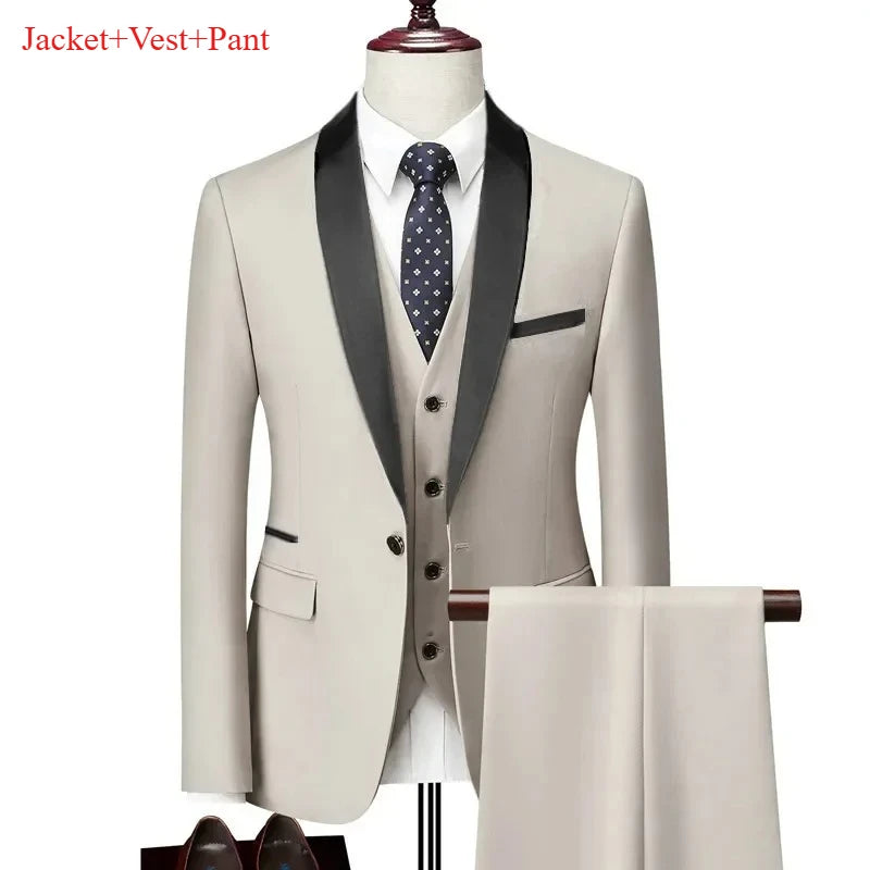 Men's Lapel Black Suit Set Coat Vest Trousers / Business Groomsmen Groom Wedding Dress Fprmal Blazer Pants