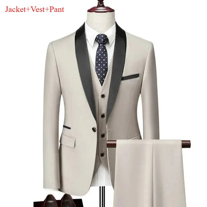 Men's Lapel Black Suit Set Coat Vest Trousers / Business Groomsmen Groom Wedding Dress Fprmal Blazer Pants