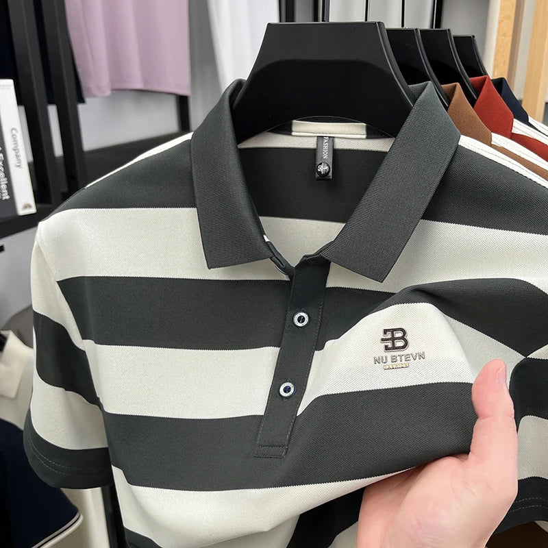 Men's Golf Polo Shirt with Collar, Short Sleeves and Wide Stripes – Breathable Summer Casual Business T-shirt