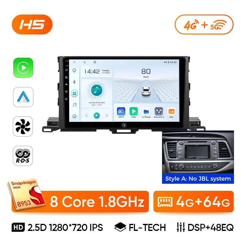 Ainavi Car Multimedia Player For Toyota Highlander 2014 2015 2016 2017 2018 2019 wireless Carplay Android Auto 4G Wifi 2din