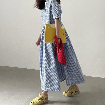 Summer New Long Sleeveless round Neck Plaid A-Line Dress Women's Sweet Style Cross-Border Fashion Cotton Linen Dress