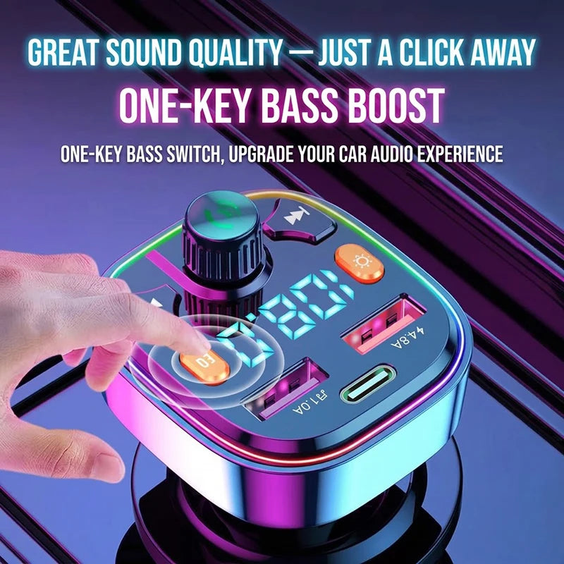 Car Bluetooth 5.0 FM Transmitter Audio Adapter RGB Colorful Light Triple Port PD Fast Charger And USB & One-Key Deep Bass Boost