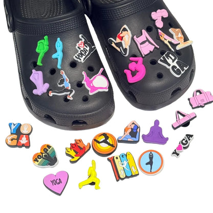 26-100Pcs I Love Yoga Sports PVC Shoe Charms Yoga Postures Woman Sandals Buckle Accessories For Birthday Gifts