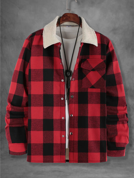 Men's Red Black Plaid Fleece Collar Flannel Shirt Jacket Autumn Winter Thick Warm Casual Coat