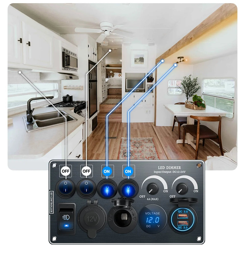 Toggle Switch Multi-Functions Silver Aluminum Panel LED Dimmer Switch 12V 24V for RV Dual Port USB QC3.0  Cigarette Lighter