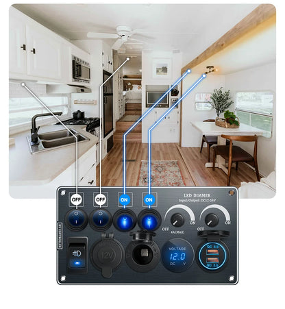 Toggle Switch Multi-Functions Silver Aluminum Panel LED Dimmer Switch 12V 24V for RV Dual Port USB QC3.0  Cigarette Lighter