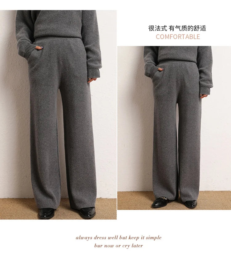 Women's 100% Cashmere Wide Leg Pants Knitted Thick Autumn/Winter Casual Solid Color Elastic Waistband Pockets