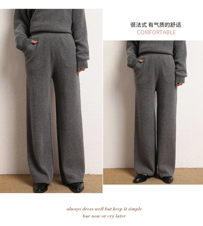 Women's 100% Cashmere Wide Leg Pants Knitted Thick Autumn/Winter Casual Solid Color Elastic Waistband Pockets