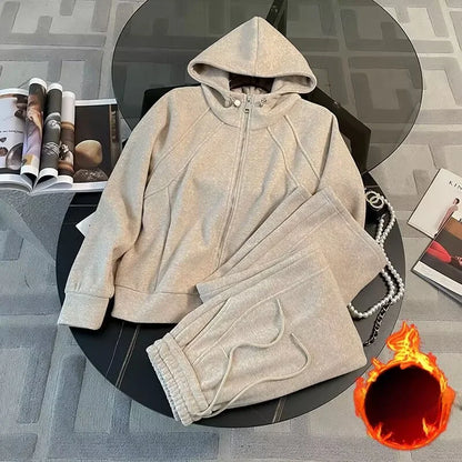 Korean Style Casual Sportswear Set Women's Autumn Winter Slimming Simple Fleece Zipper Sweatshirt Wide Leg Pants Two Piece Set