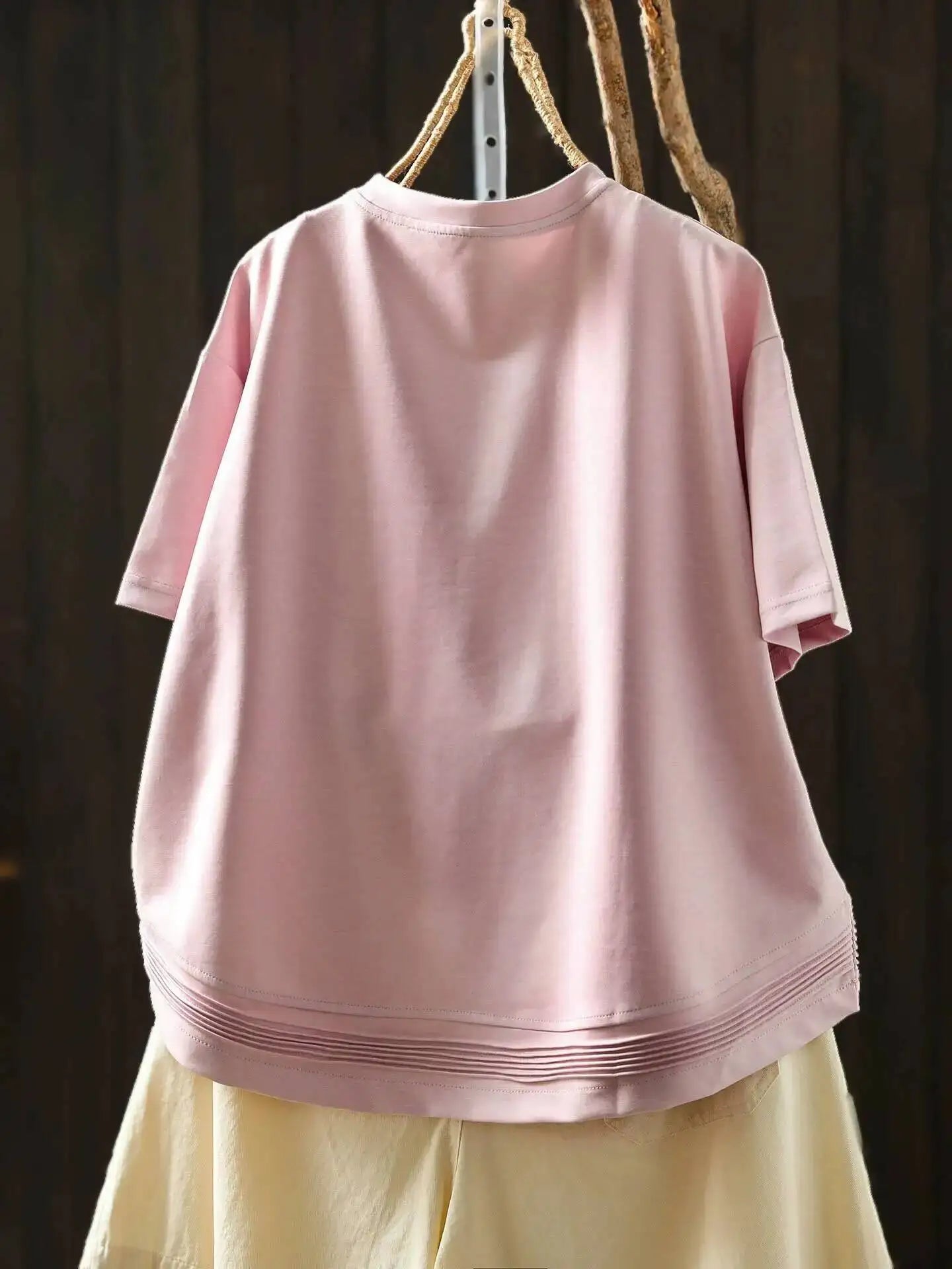 Pink Short-sleeve Women Top 2026 Stylish Summer New Design Pleated Hem Loose T-shirt ZF2158