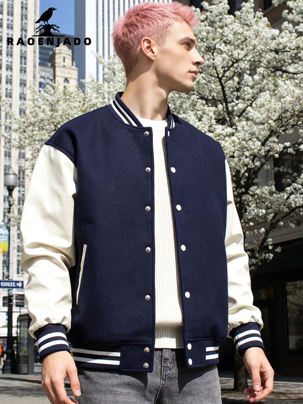 Men's Classic Varsity Jacket with Faux Leather Sleeves Letterman Style Baseball Coat Color-Block Lightweight Men's