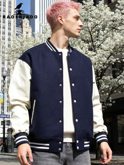 Men's Classic Varsity Jacket with Faux Leather Sleeves Letterman Style Baseball Coat Color-Block Lightweight Men's