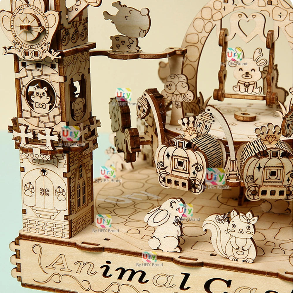 Rotatable DIY 3D Wooden Puzzles Electric Zoo Animals Amusement Park Turntable Model Mechanical Kits Decor Toys Gifts