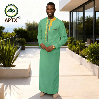 APTX Men's Traditional Muslim Robe 3-Pcs Set Long Sleeves African Dress Middle East Jubba Thobe Wedding Suit