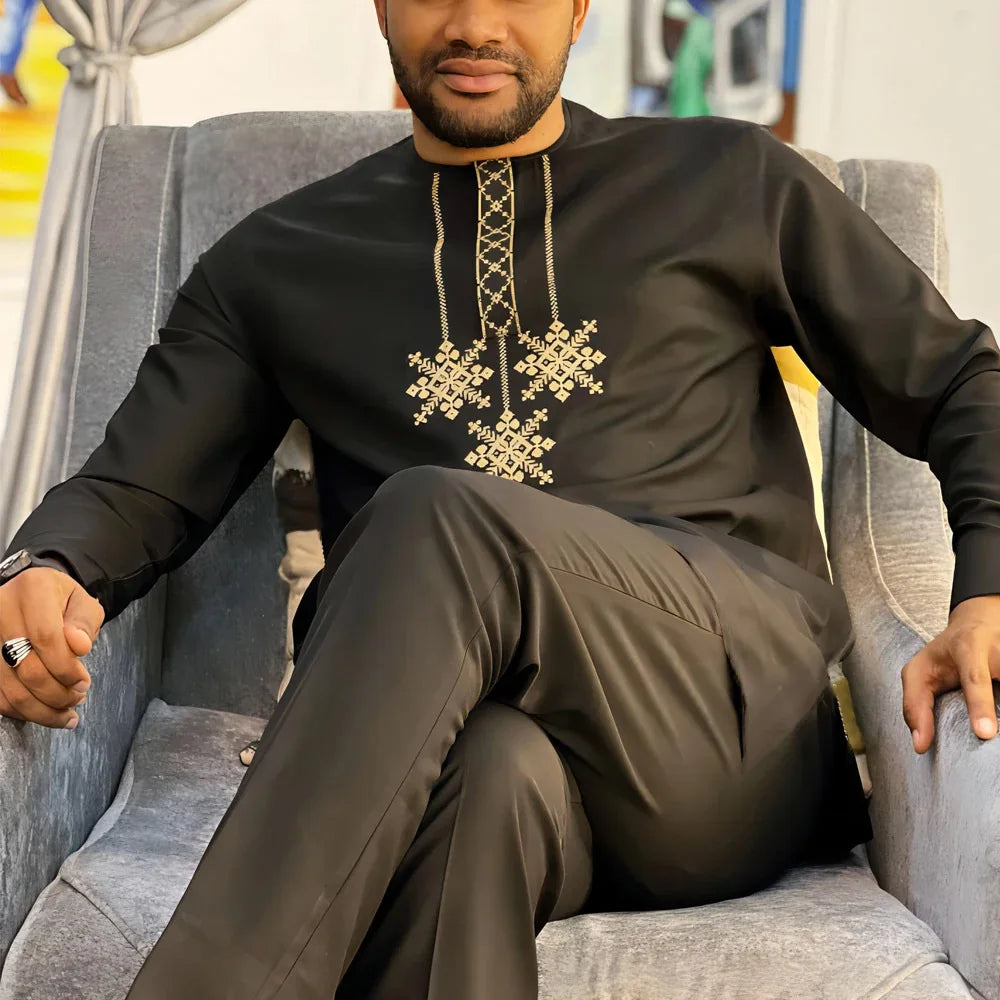 Fashionable Ethnic Embroidered Long Sleeve Long Pants Suit for Men New 2026 Style Summer Season round Neck Single Button Closure