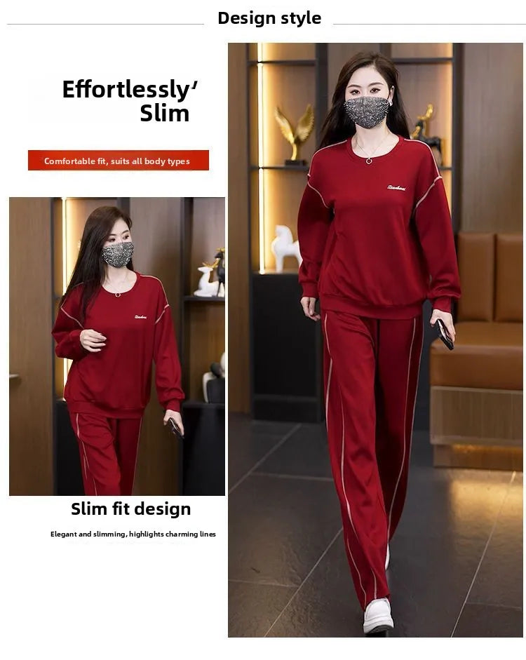 Ladies Large Size Cotton Embroidered Sportswear Set Casual Long Pants Two-Piece Fashionable Outfit for plus Size Women