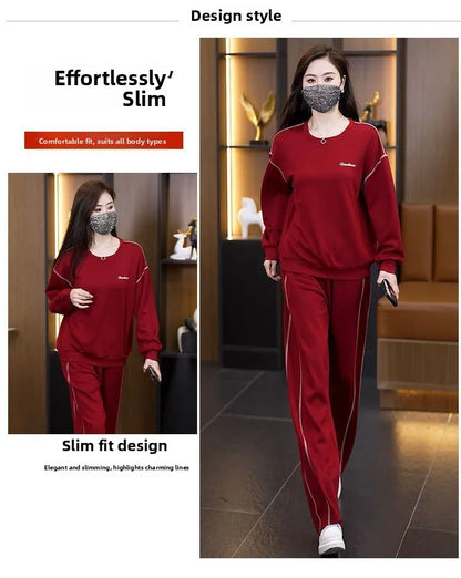 Ladies Large Size Cotton Embroidered Sportswear Set Casual Long Pants Two-Piece Fashionable Outfit for plus Size Women