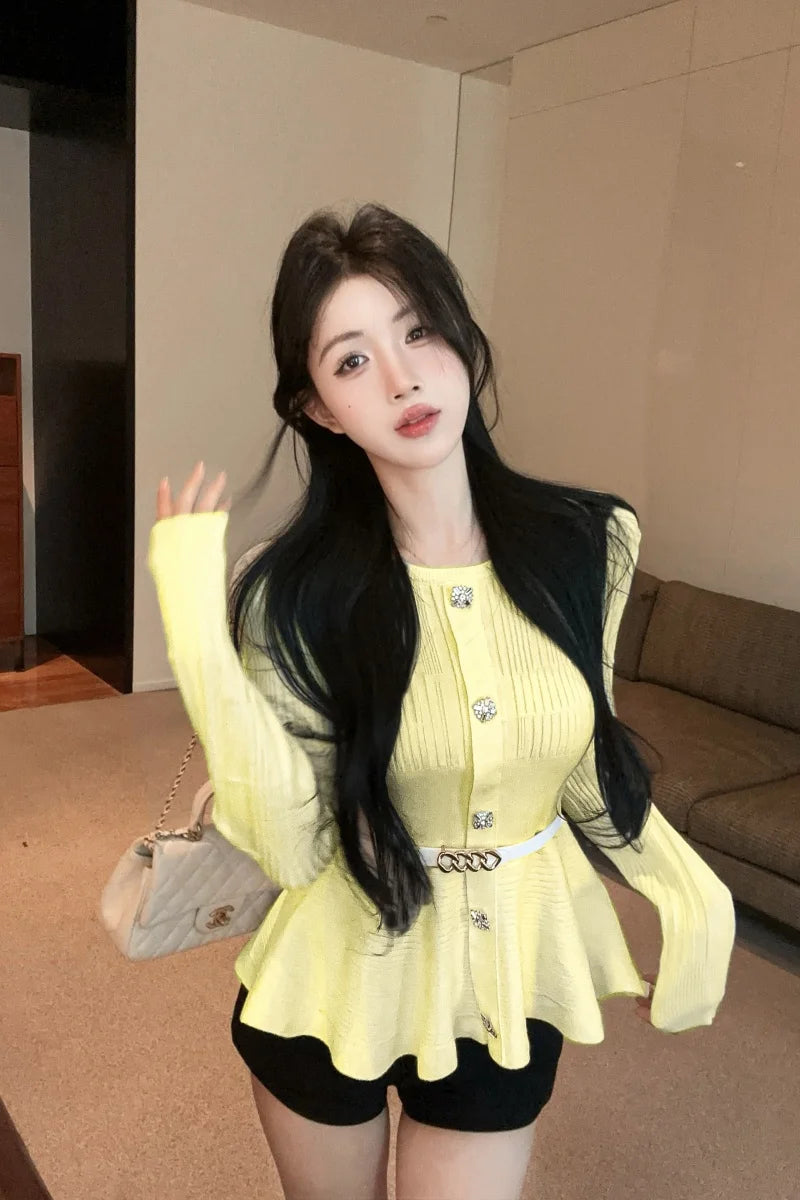 Elegant Single-Button Knitted Sweater Women Early Autumn New High-End Pleated Waist-Cinching Slimming Top French Style