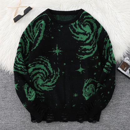 Men's Autumn and Winter Street Style Ripped Abstract Starry Sky Pattern Pullover Sweater, Casual Crew Neck Knit Men's Pullover, Regular Fit, Suitable for Autumn and Winter Seasons