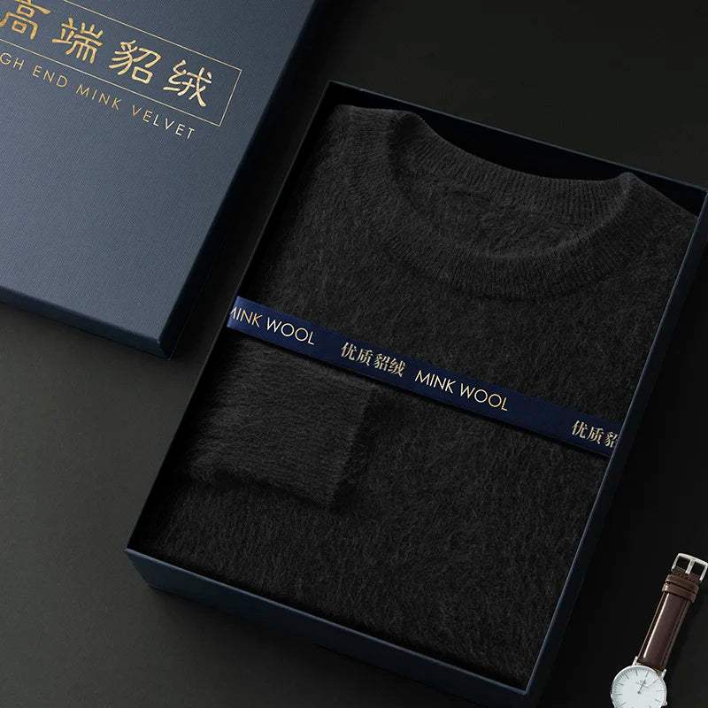 100% Pure Mink Cashmere Men's Round Neck Sweater For Autumn Winter, Casual Knitted Long Sleeved Pullover Sweater Men's Clothng