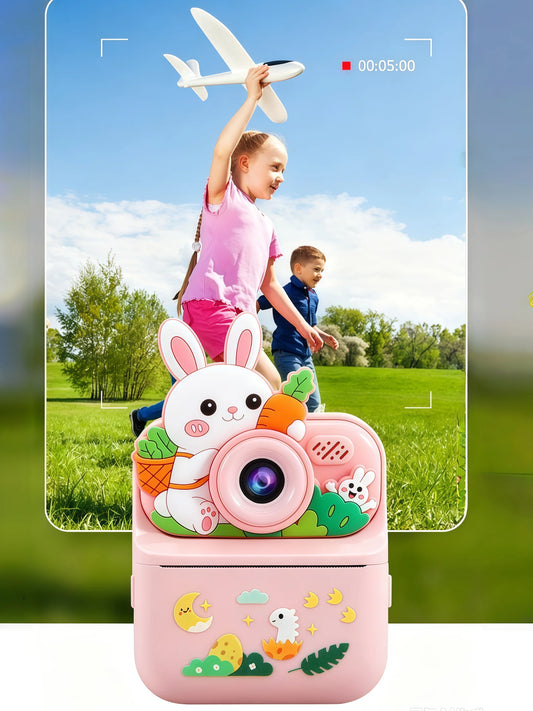 Cartoon Pink Rabbit Children's Printable Camera, High-Definition Photo and Video Recording, Fun Filters, Educational Music Toy, Birthday Gift