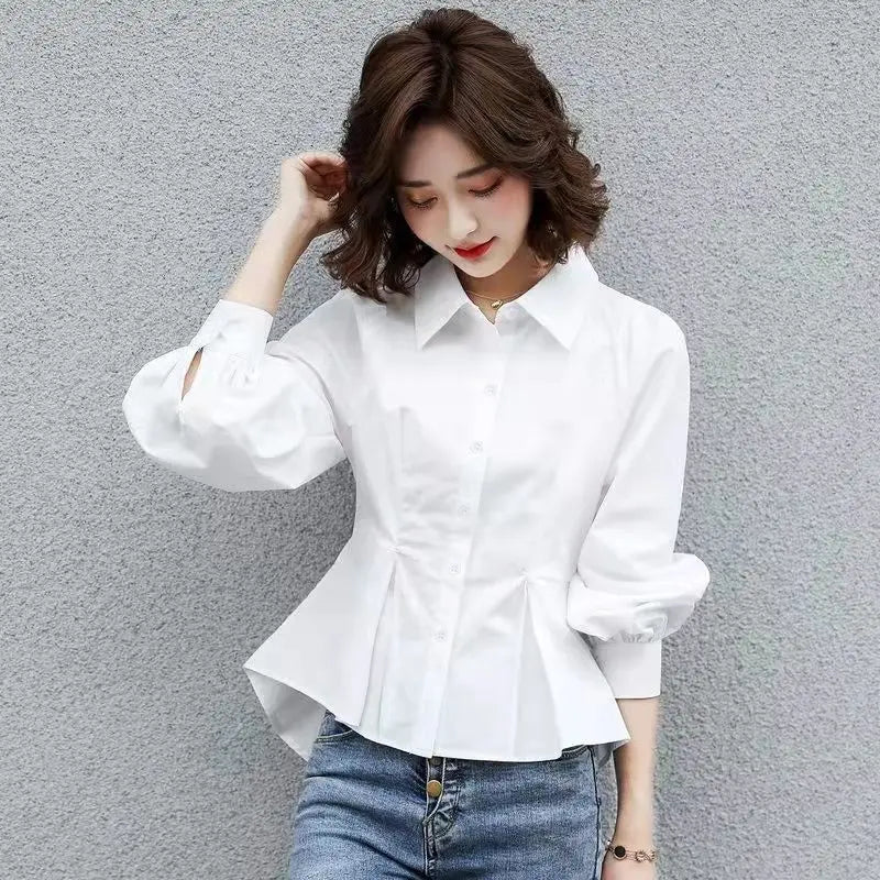 Fashion Simplicity Trend Temperament Spring New Women’s Slim Waist Button Shirt Long Sleeve Pure Color Chic Design Shir Tops