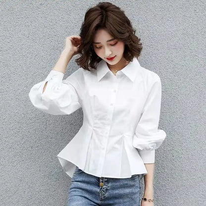 Fashion Simplicity Trend Temperament Spring New Women’s Slim Waist Button Shirt Long Sleeve Pure Color Chic Design Shir Tops