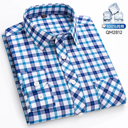 The New Men's Long-Sleeved Shirt Is Cool and Casual. It's a Thin, All-Cotton, Streetwear Checkered Style for Spring and Summer