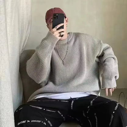 Autumn and winter loose shoulder sweater for young men Japanese retro pineapple needle jacquard lazy round neck knit sweater