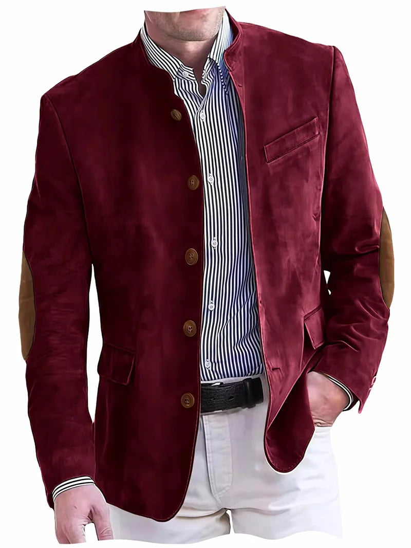 Men's Casual Blazer Flannel Suit Jacket With Elbow Patches Band Collar Brown Button Daily  Casual Slim Fit Customized Business