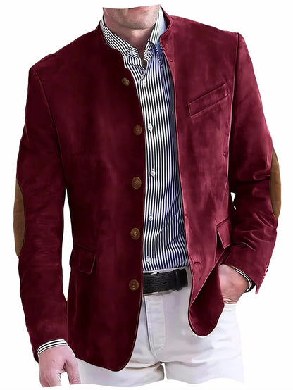 Men's Casual Blazer Flannel Suit Jacket With Elbow Patches Band Collar Brown Button Daily  Casual Slim Fit Customized Business