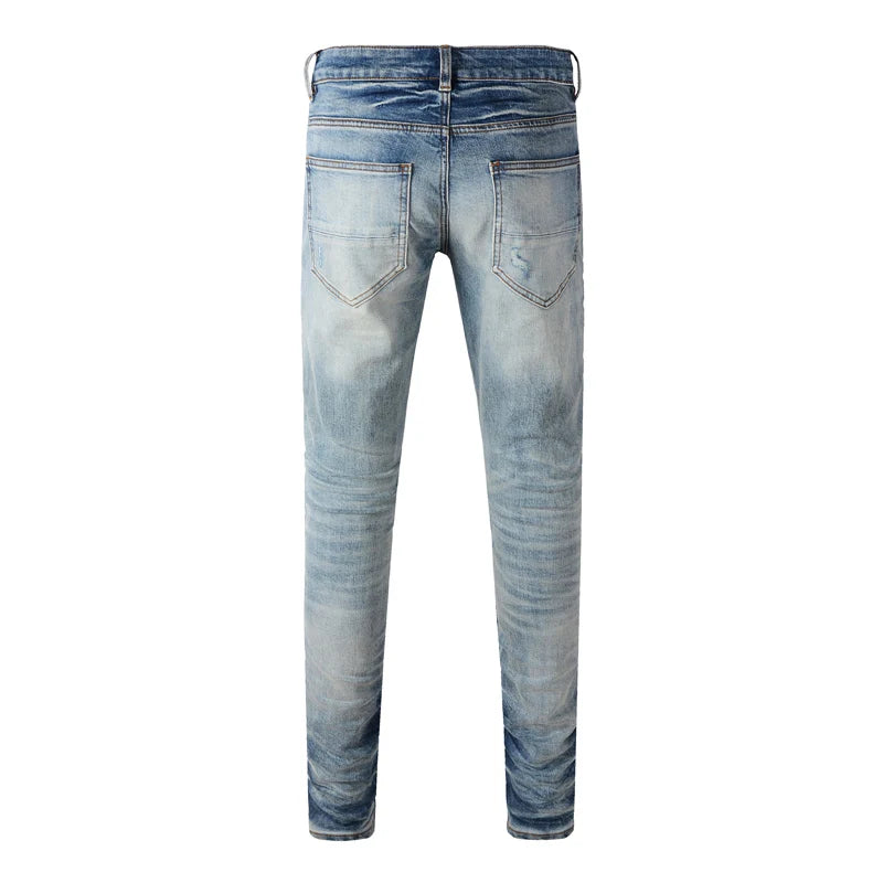 Men's Fashion Slim Fit Jeans Light Blue High Street Hip-Hop Brand Pan Perforated Patch Washed Nostalgic Elastic